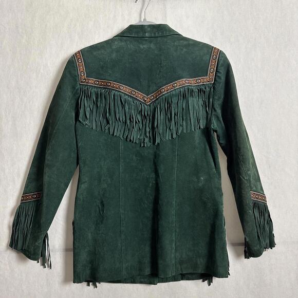 Scully Women's 10 Green Genuine Leather Navajo Patch Pocket Up Fringe Jacket - Picture 2 of 14
